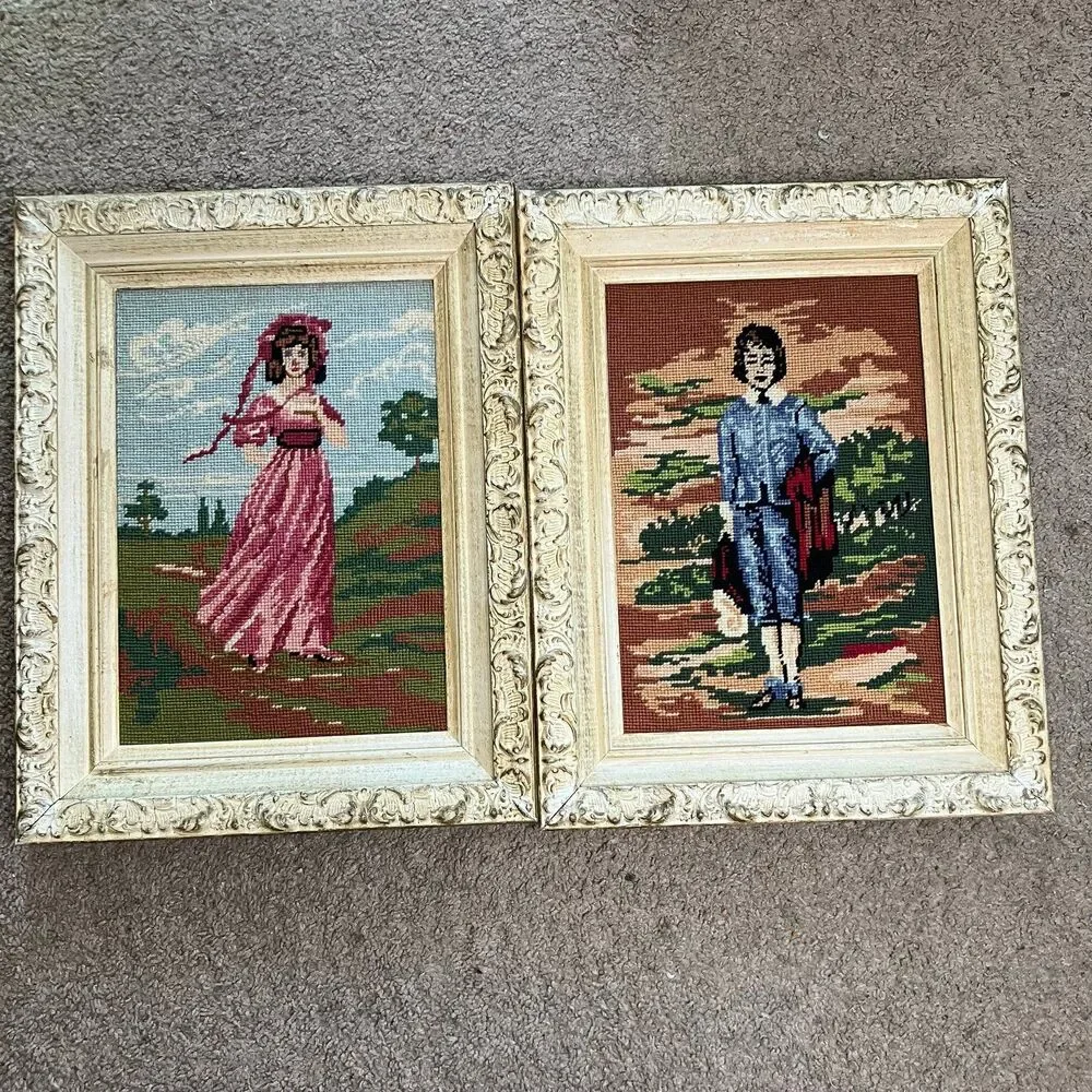 Blue Boy & Pinky Lady Completed Cross Stitch Needlepoint Wooden Frames Vintage